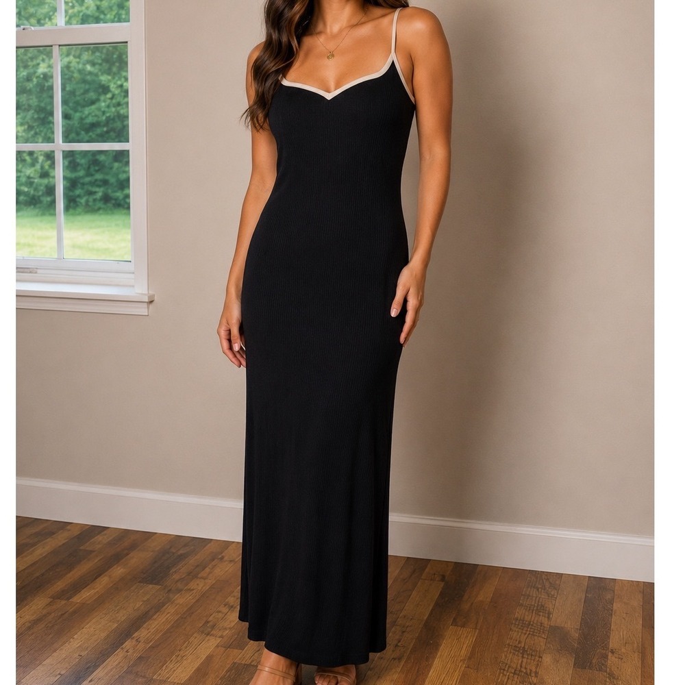 Vero Moda Ribbed Midi Dress Women's XL Black Contrast Trim Sleeveless Minimalist